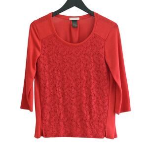 Red Lace Front Top with 3/4 Sleeve Scoop Neck - Stretchy Festive Shirt